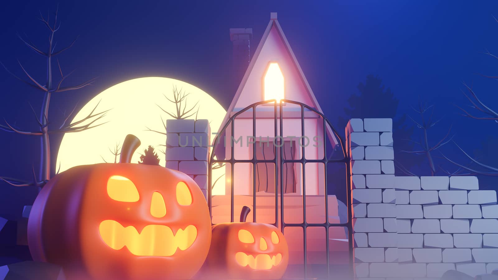 halloween theme with pumpkins and a house at night.,3d model and illustration.