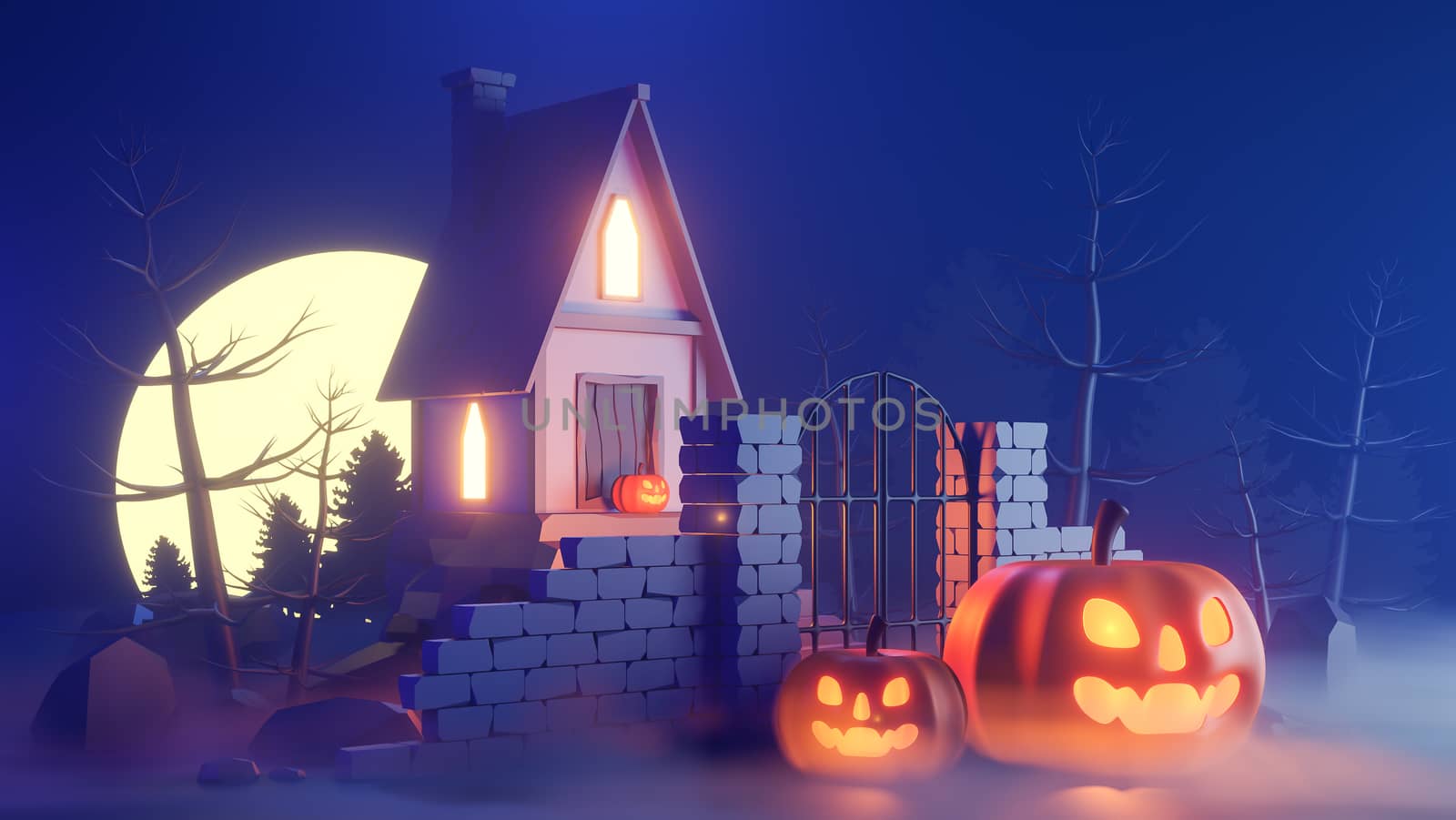 halloween theme with pumpkins and a house at night.,3d model and illustration. by anotestocker