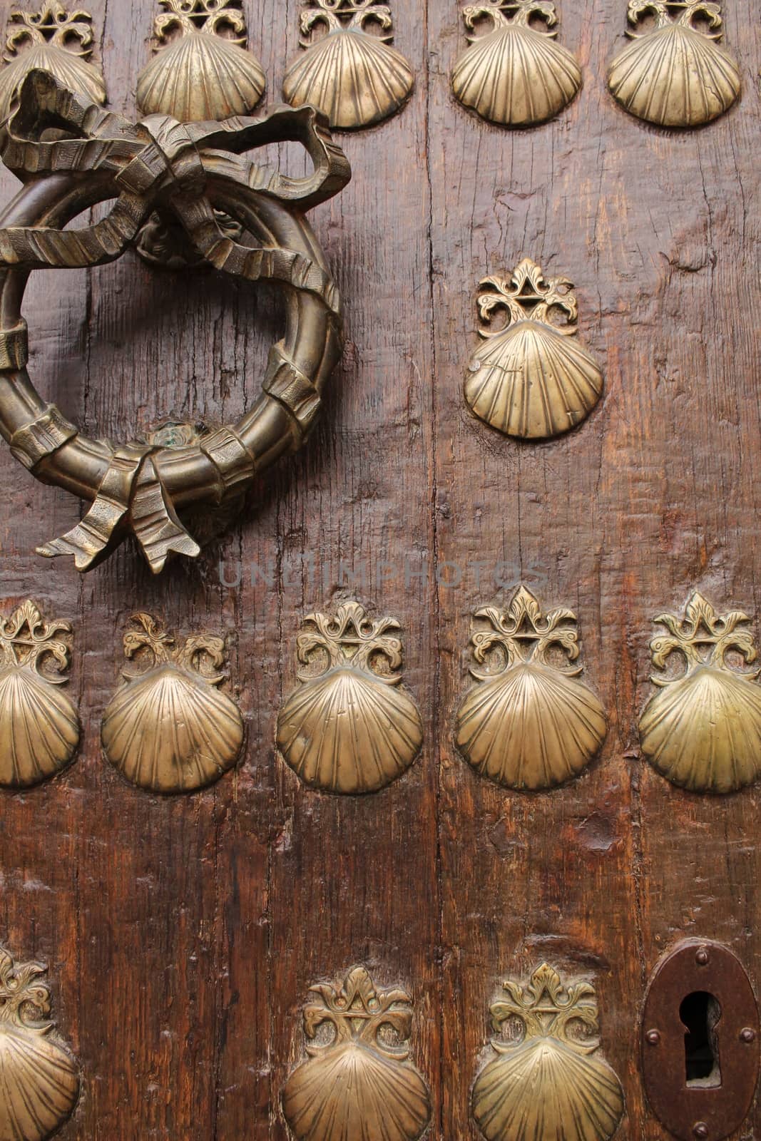 Old door with golden wrought iron details with figures of shells by soniabonet