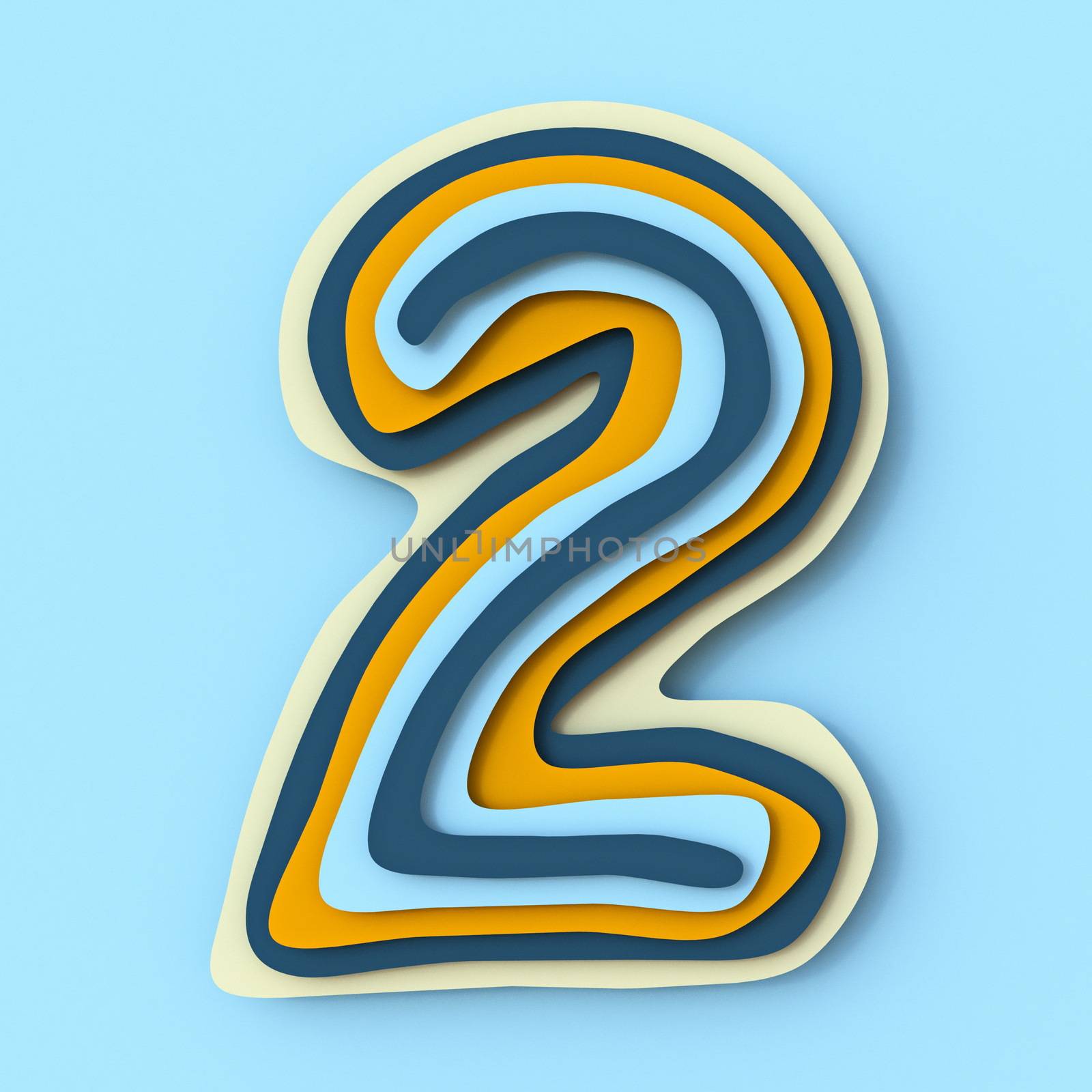 Colorful paper layers font Number 2 TWO 3D render illustration isolated on blue background