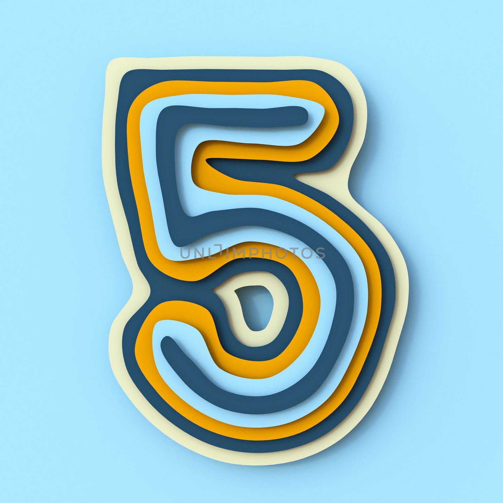 Colorful paper layers font Number 5 FIVE 3D render illustration isolated on blue background