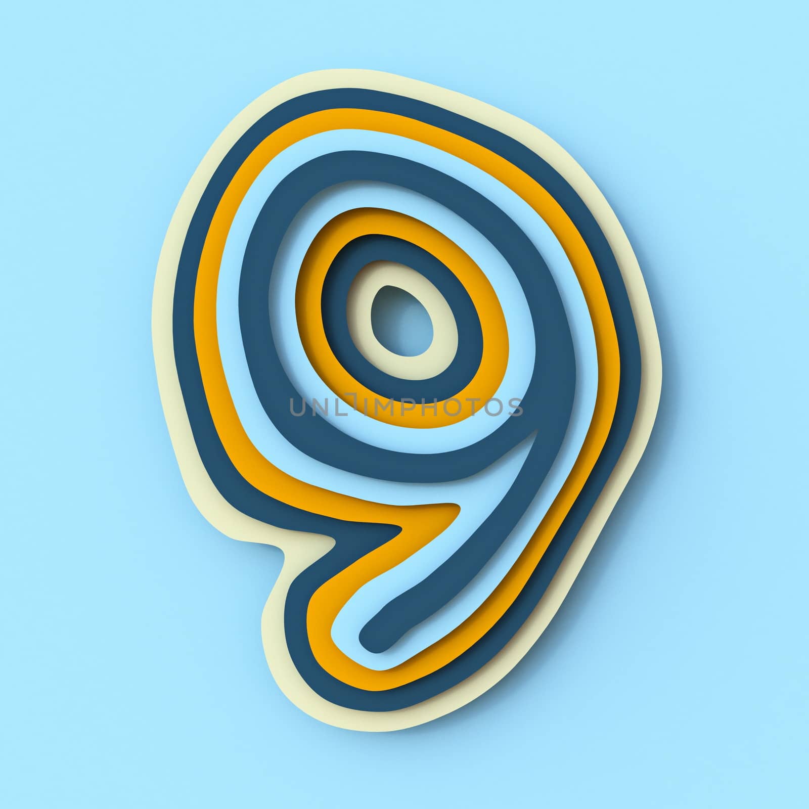 Colorful paper layers font Number 9 NINE 3D render illustration isolated on blue background