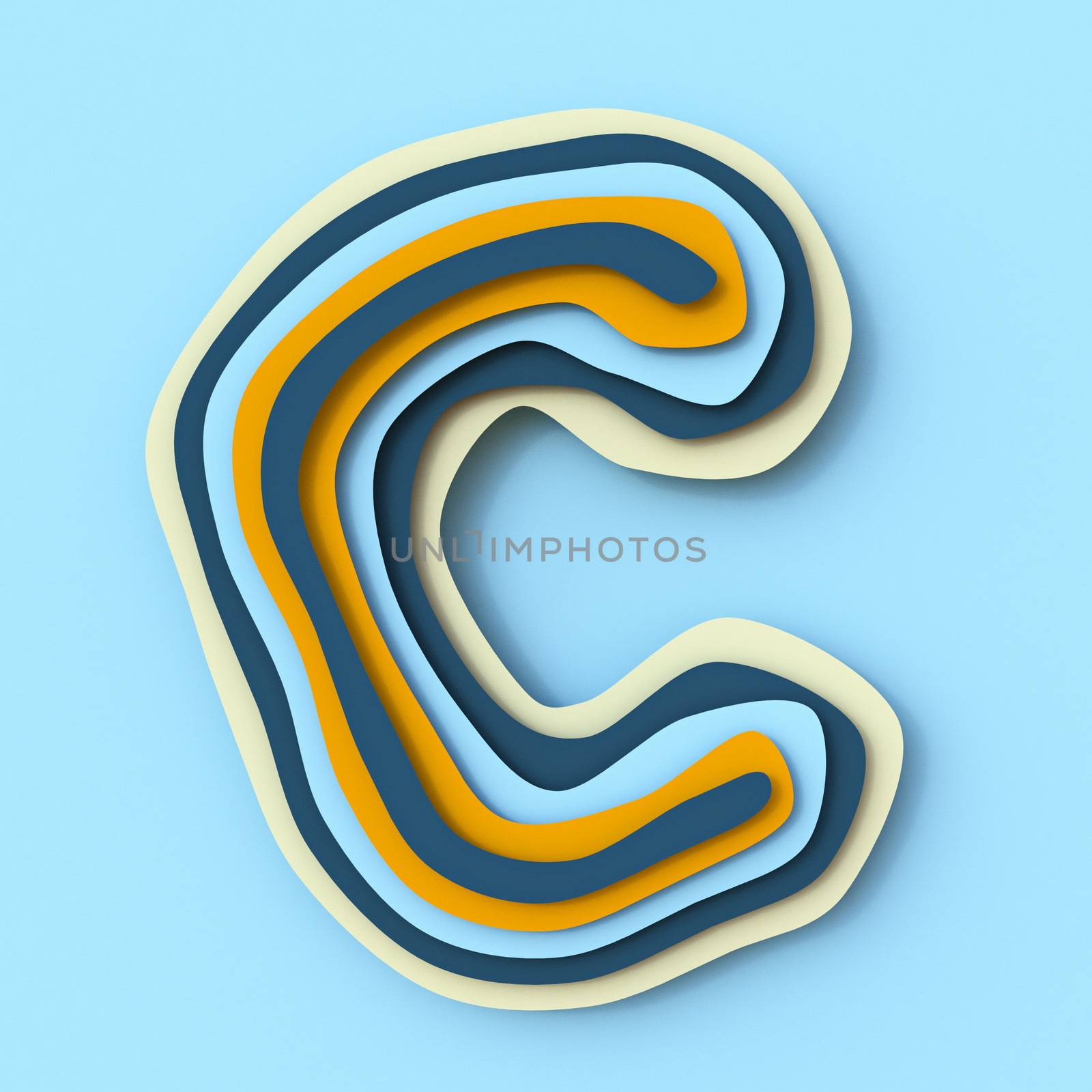 Colorful paper layers font Letter C 3D render illustration isolated on blue background