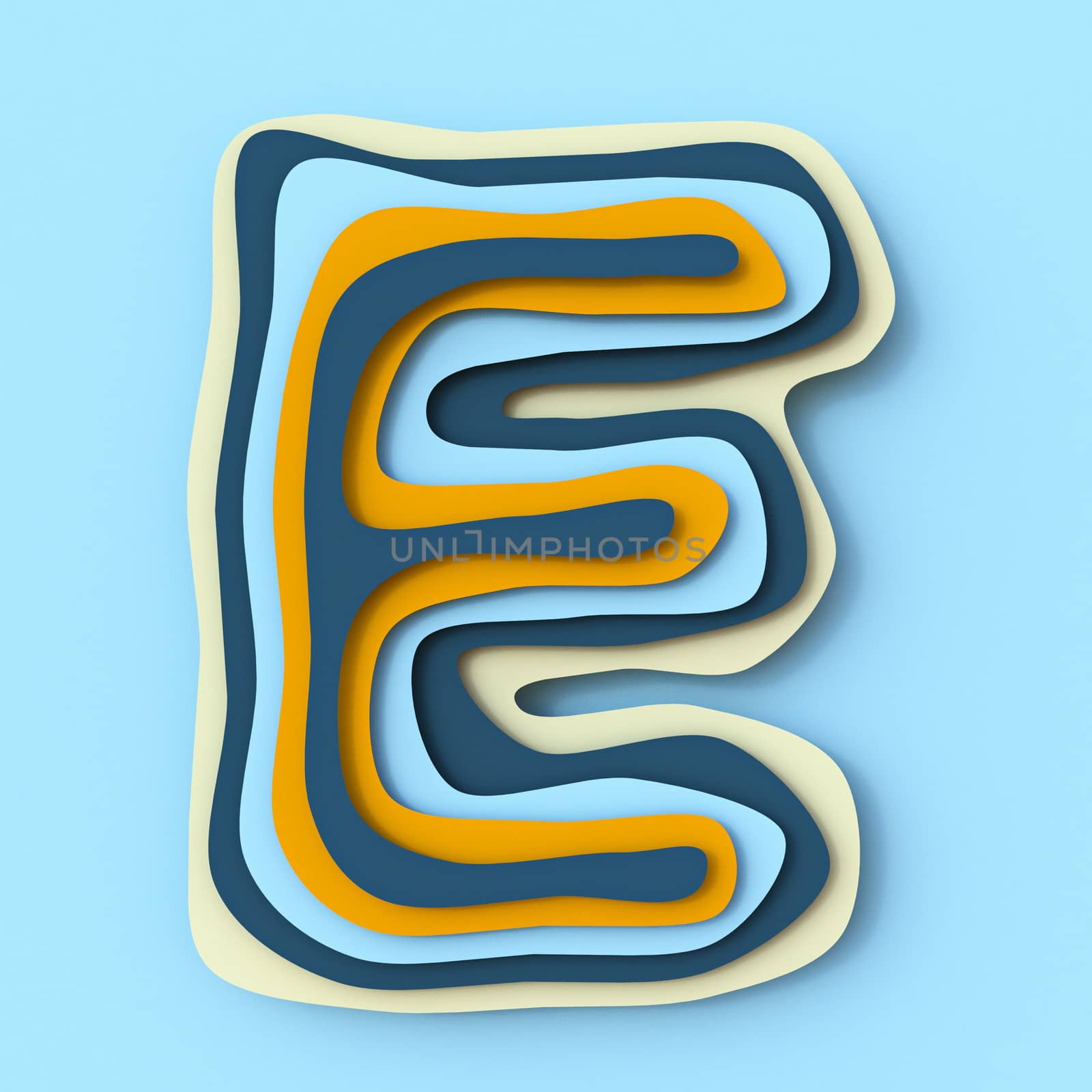 Colorful paper layers font Letter E 3D render illustration isolated on blue background