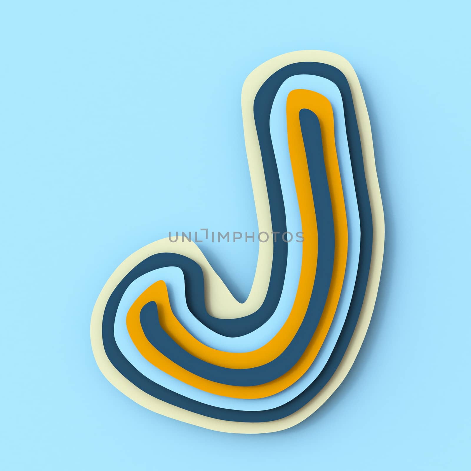 Colorful paper layers font Letter J 3D render illustration isolated on blue background