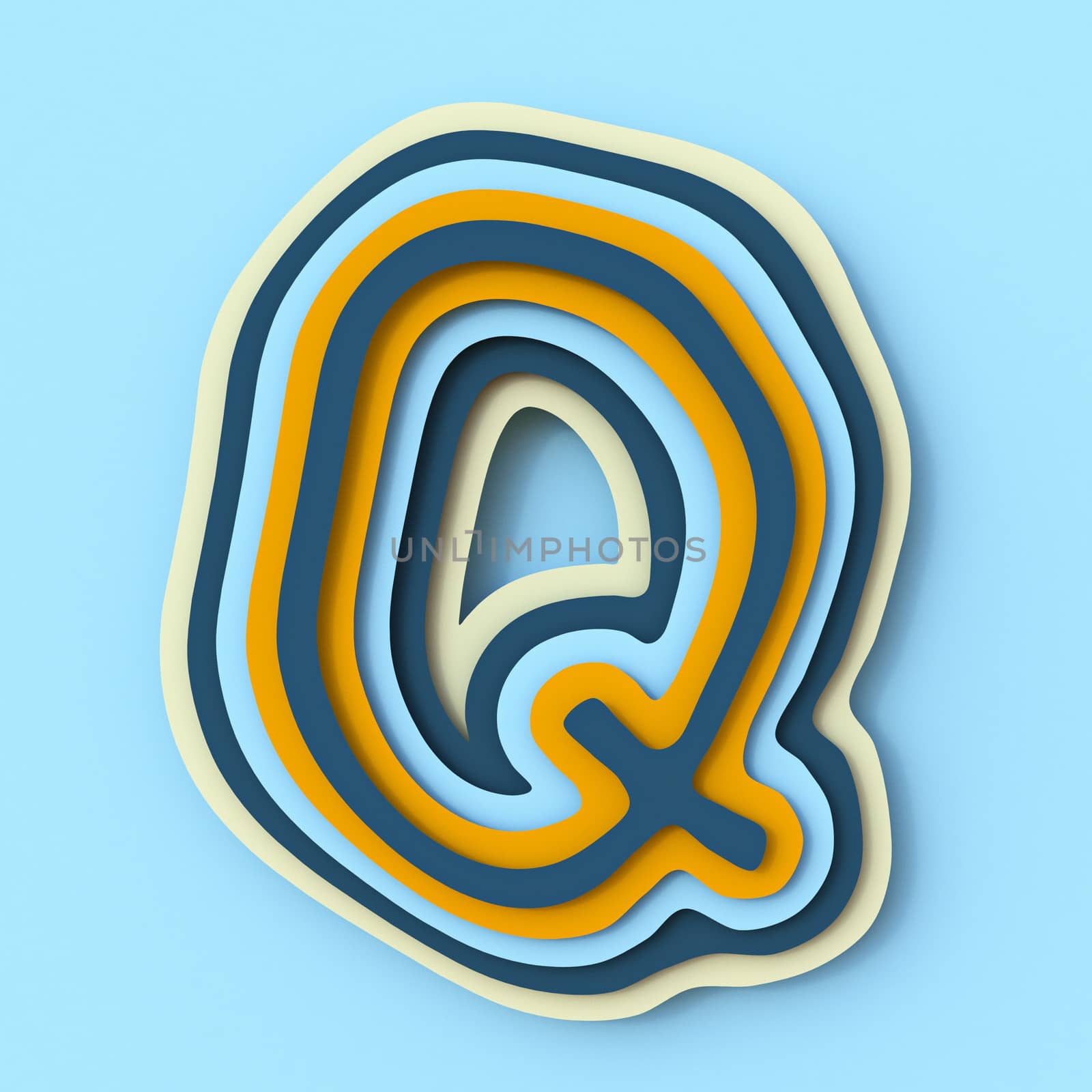 Colorful paper layers font Letter Q 3D render illustration isolated on blue background