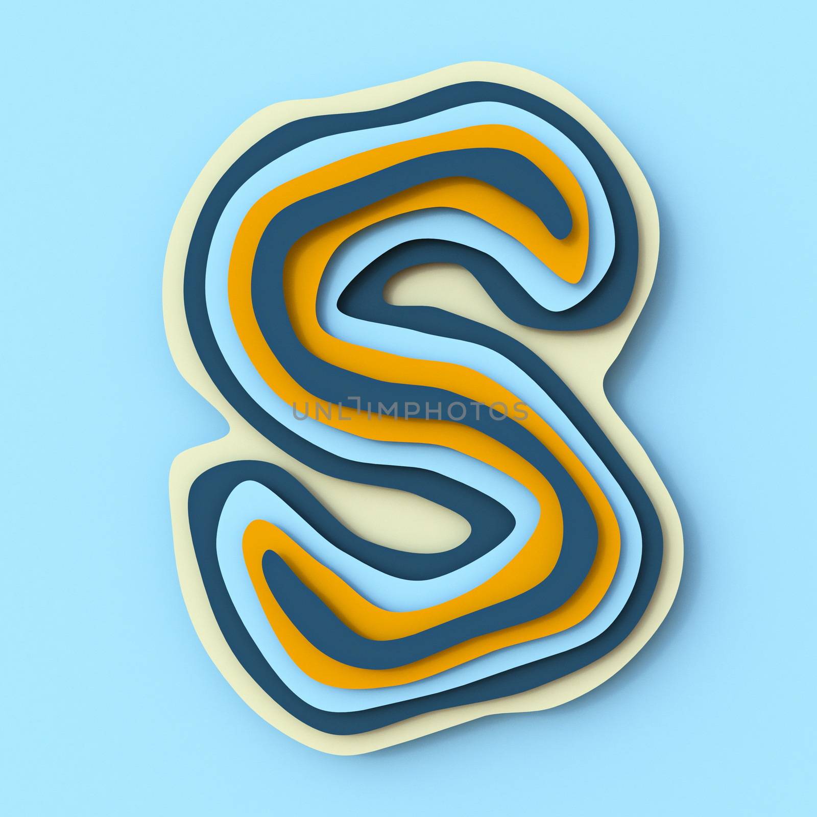 Colorful paper layers font Letter S 3D render illustration isolated on blue background