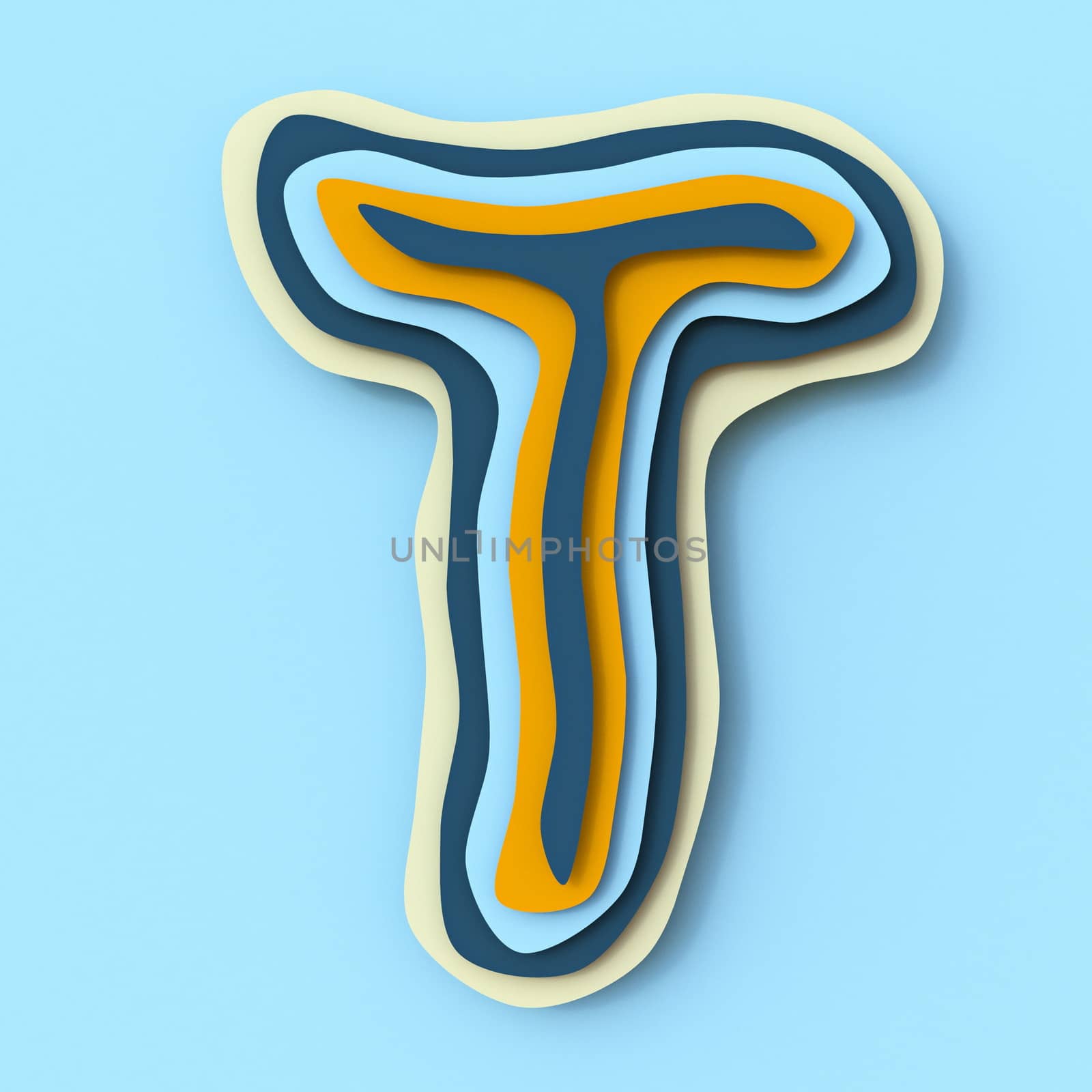 Colorful paper layers font Letter T 3D render illustration isolated on blue background