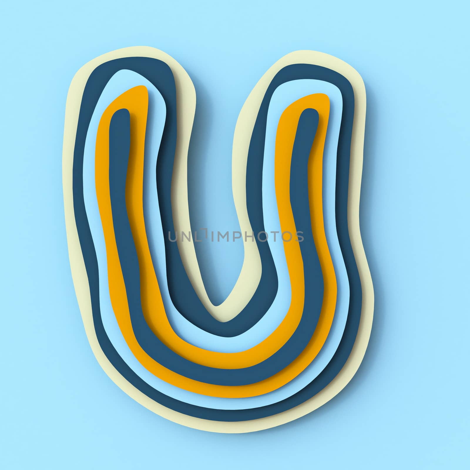Colorful paper layers font Letter U 3D render illustration isolated on blue background