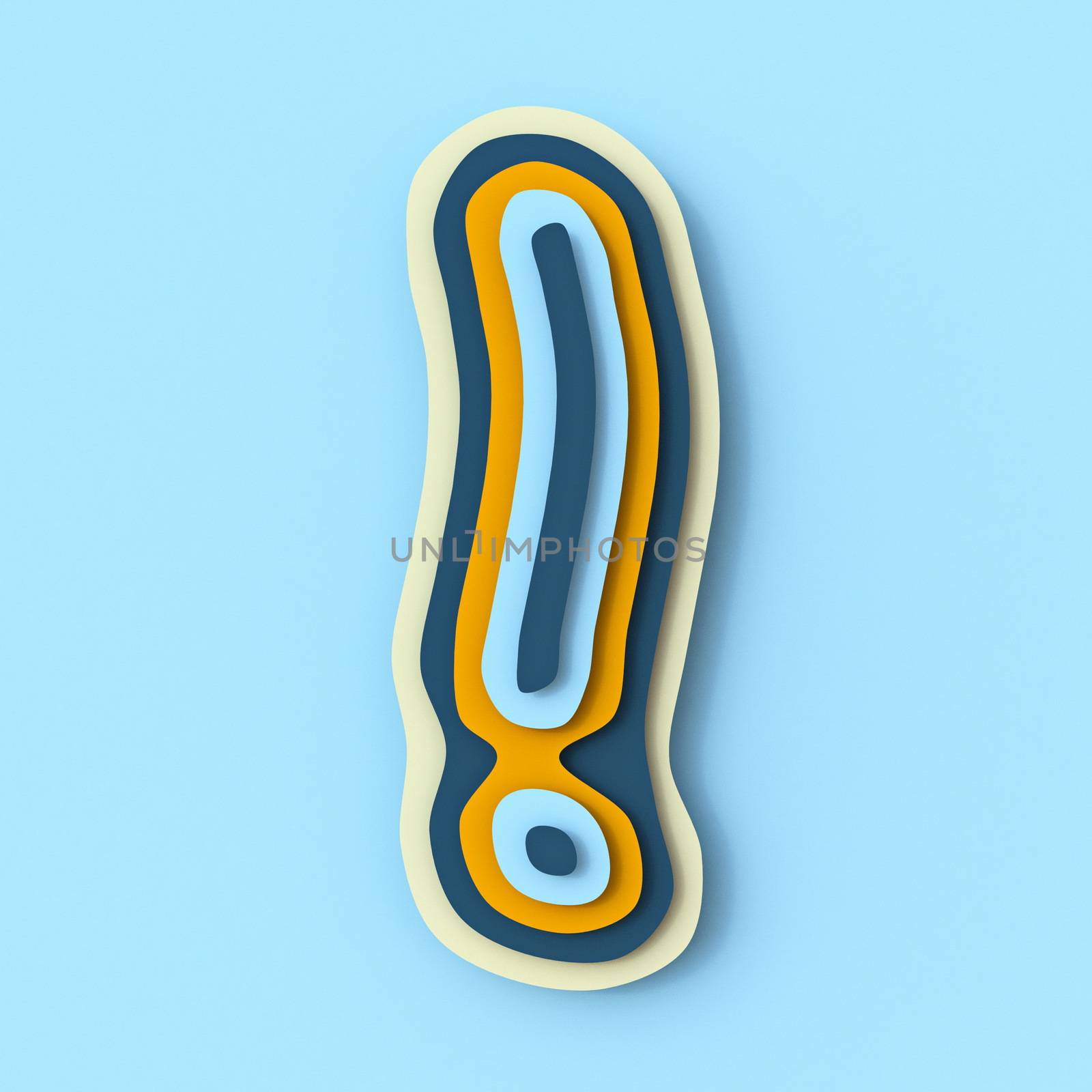 Colorful paper layers font exclamation mark 3D render illustration isolated on blue background