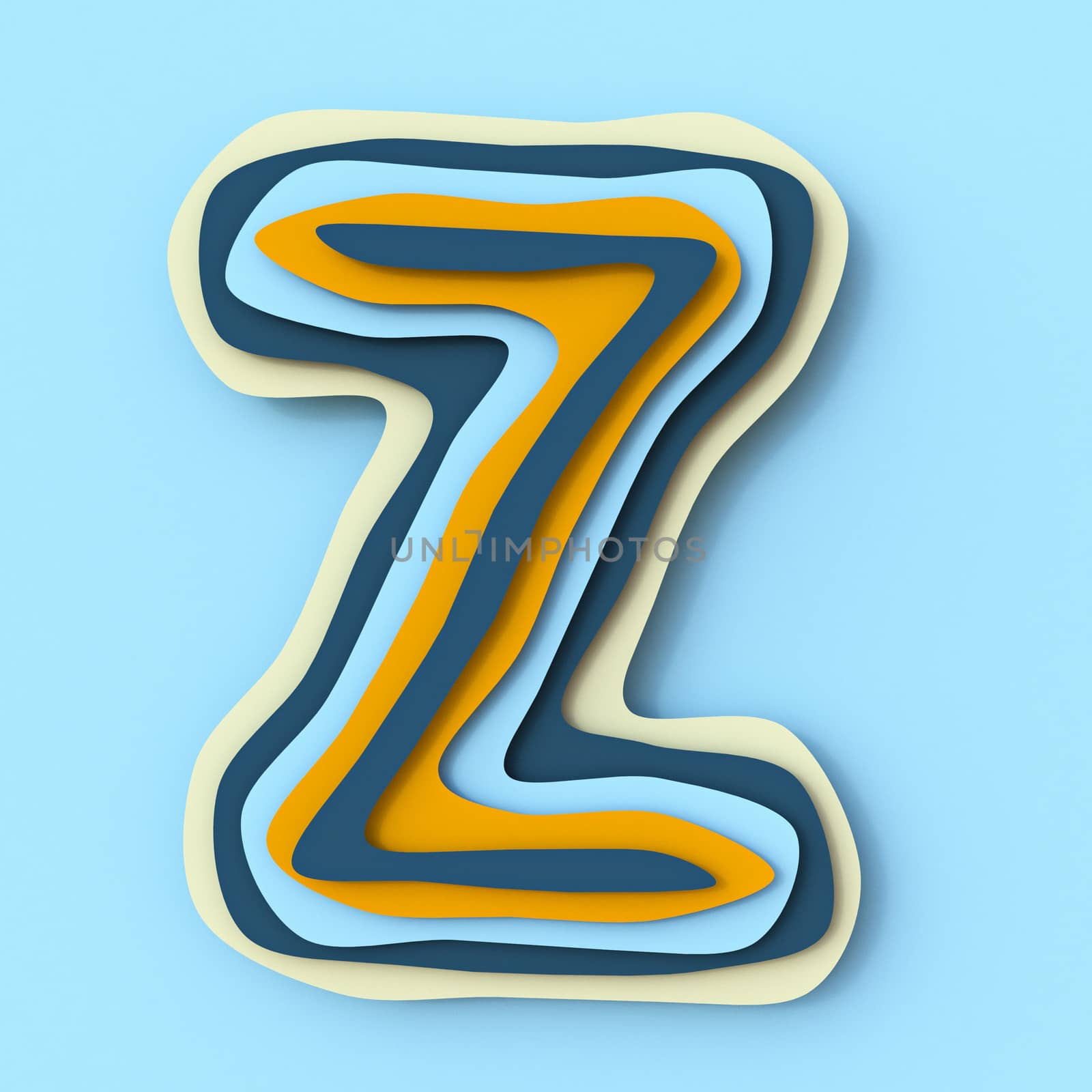 Colorful paper layers font Letter Z 3D render illustration isolated on blue background