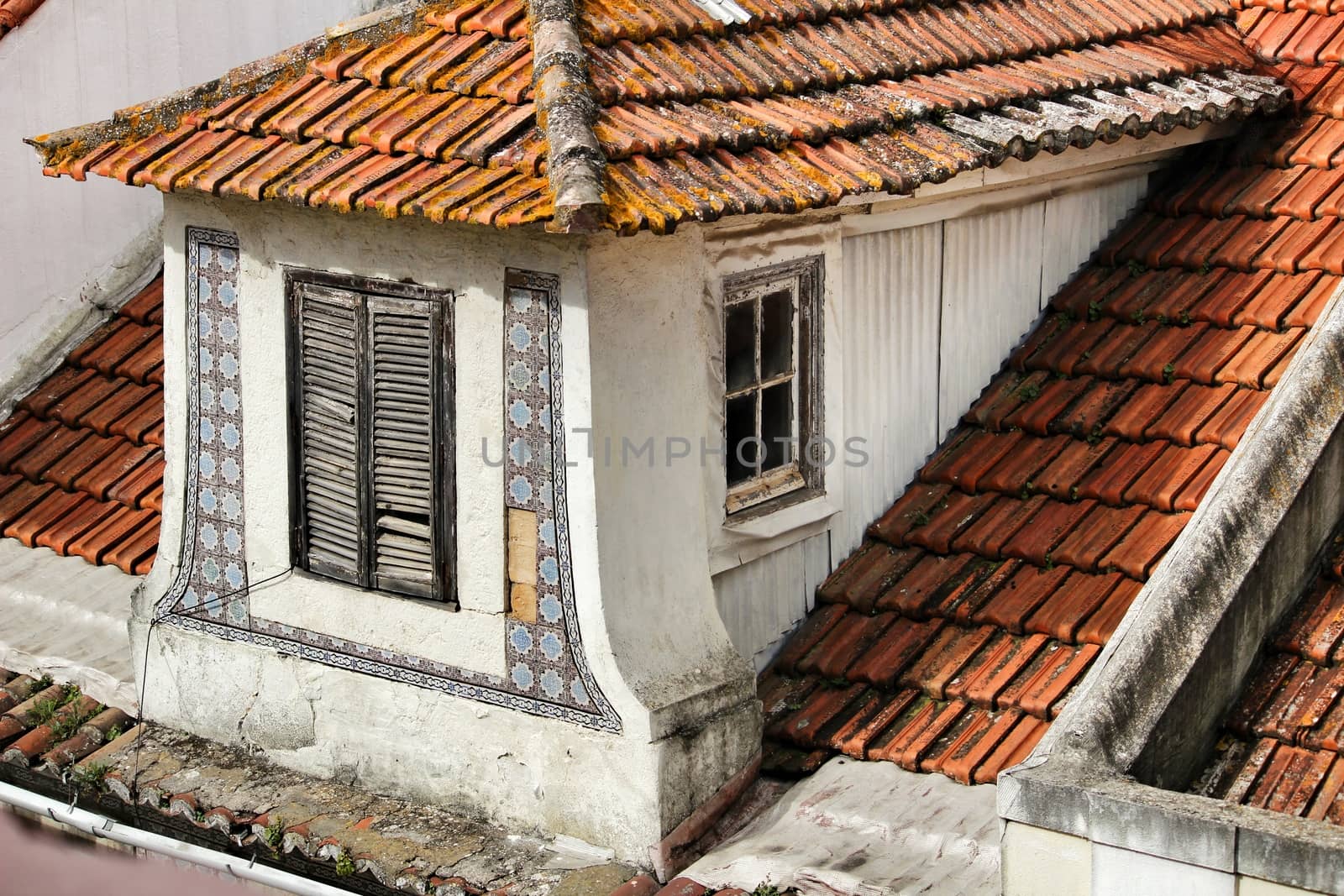 Old colorful and bright typical facade and roof in Lisbon