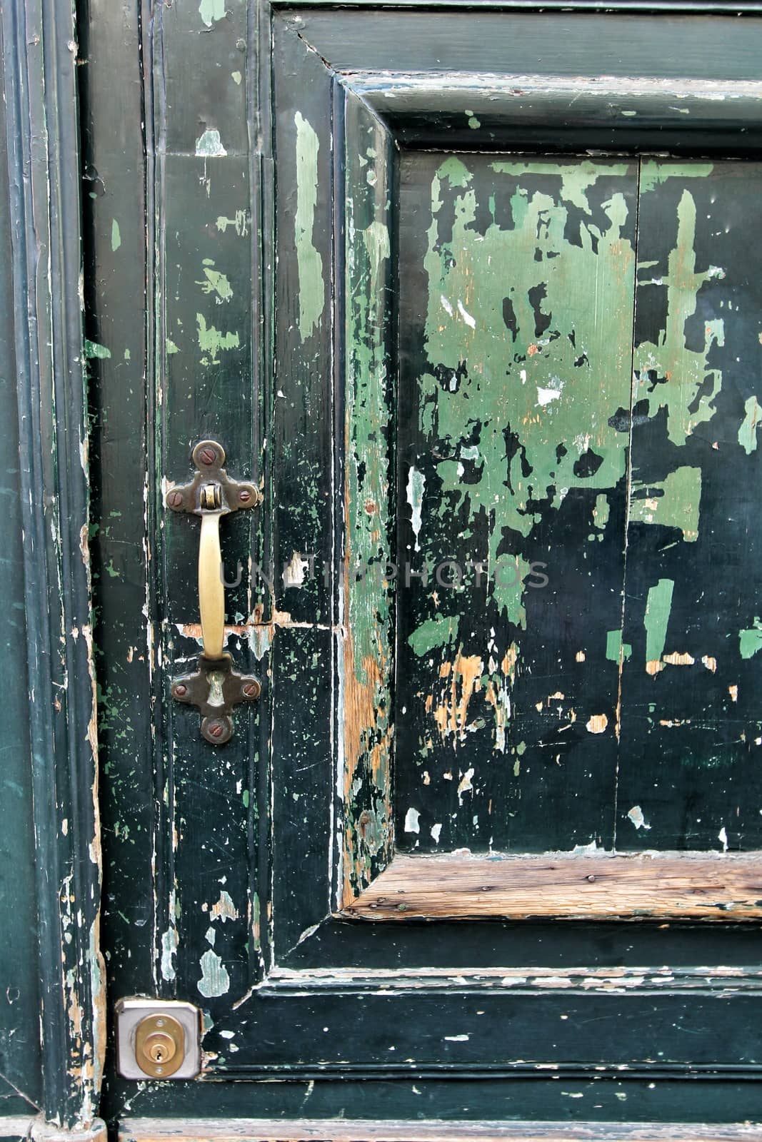Old and damaged green wooden door with forged details 