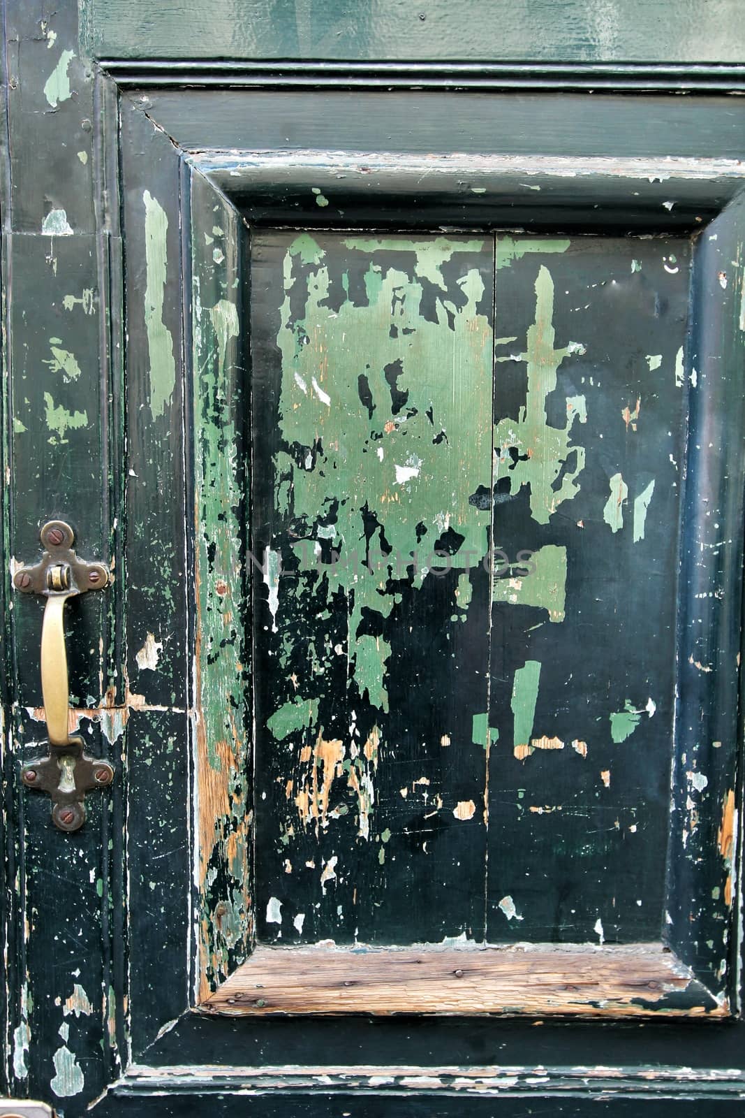 Old and damaged green wooden door with forged details 