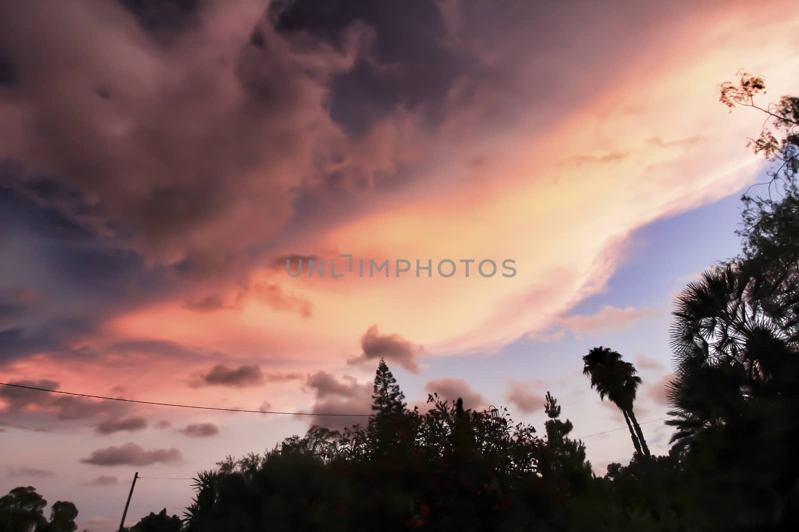 Pink Clouds and lovely sky at Sunset in Alicante in summer