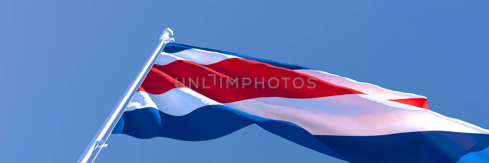 3D rendering of the national flag of Costa Rica waving in the wind against a blue sky