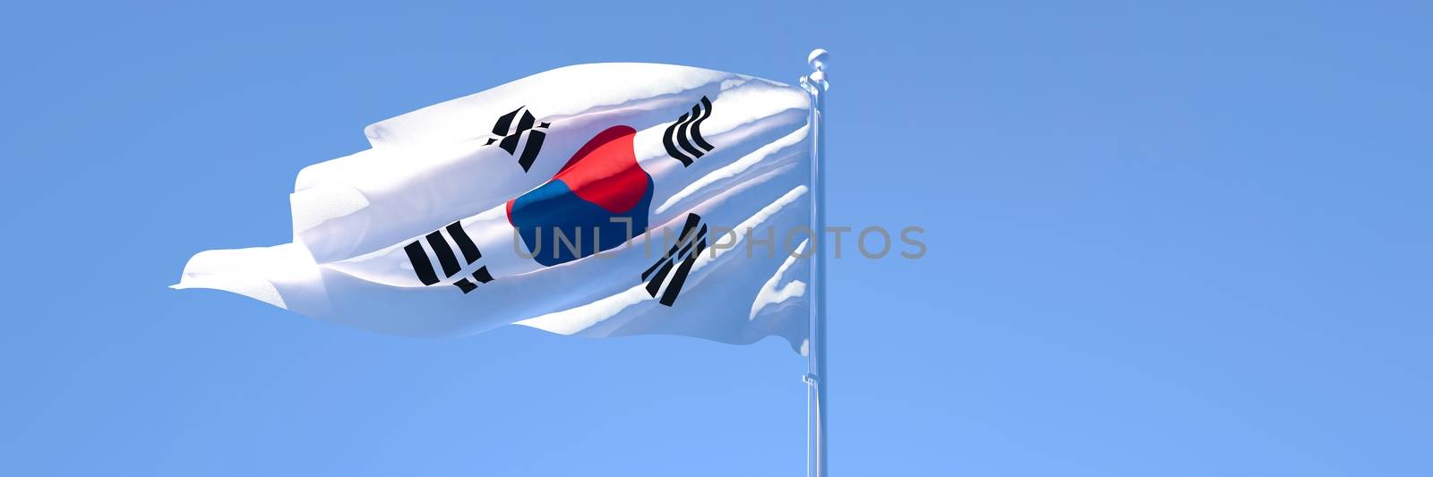 3D rendering of the national flag of South Korea waving in the wind against a blue sky