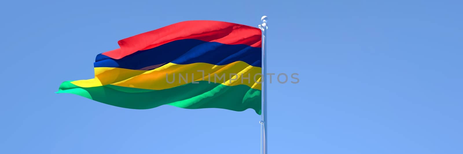 3D rendering of the national flag of Mauritius waving in the wind against a blue sky