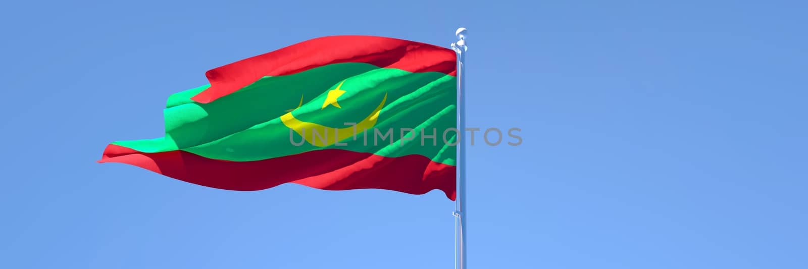 3D rendering of the national flag of Mauritania waving in the wind against a blue sky
