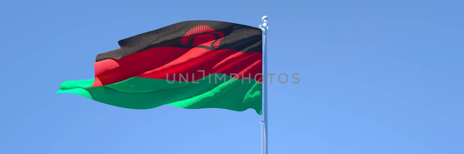 3D rendering of the national flag of Malawi waving in the wind against a blue sky