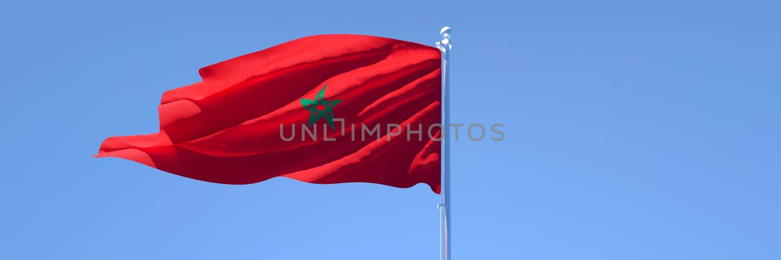 3D rendering of the national flag of Morocco waving in the wind against a blue sky