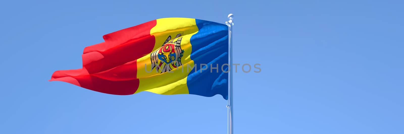 3D rendering of the national flag of Moldavia waving in the wind against a blue sky