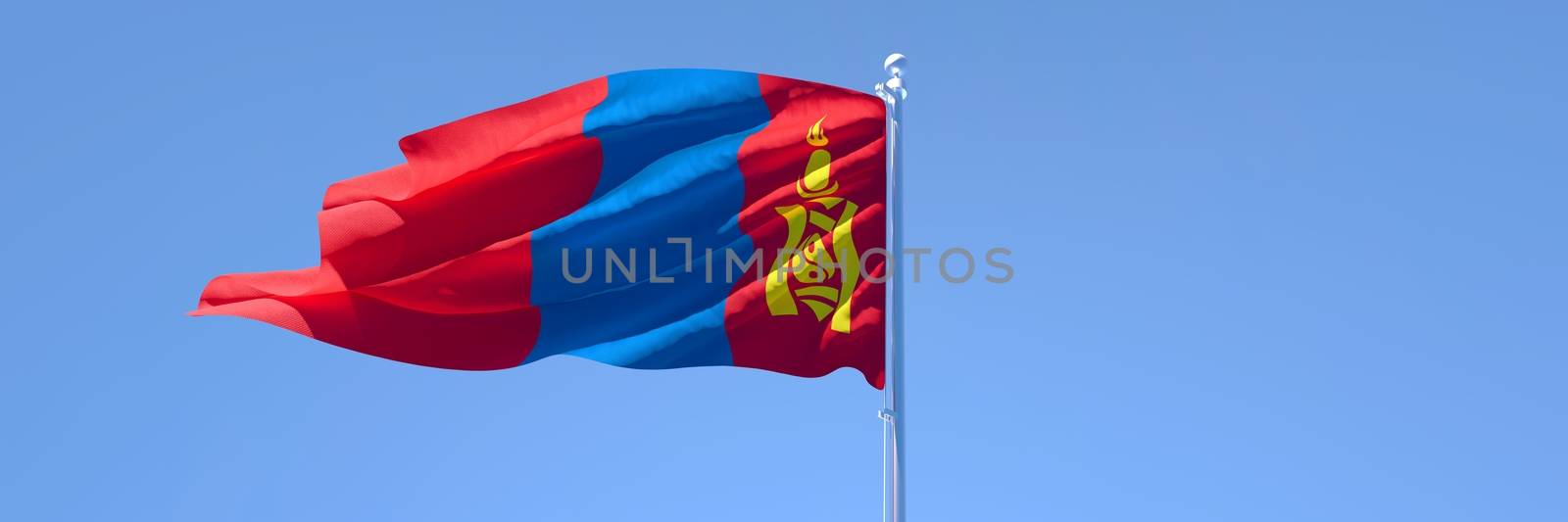 3D rendering of the national flag of Mongolia waving in the wind against a blue sky