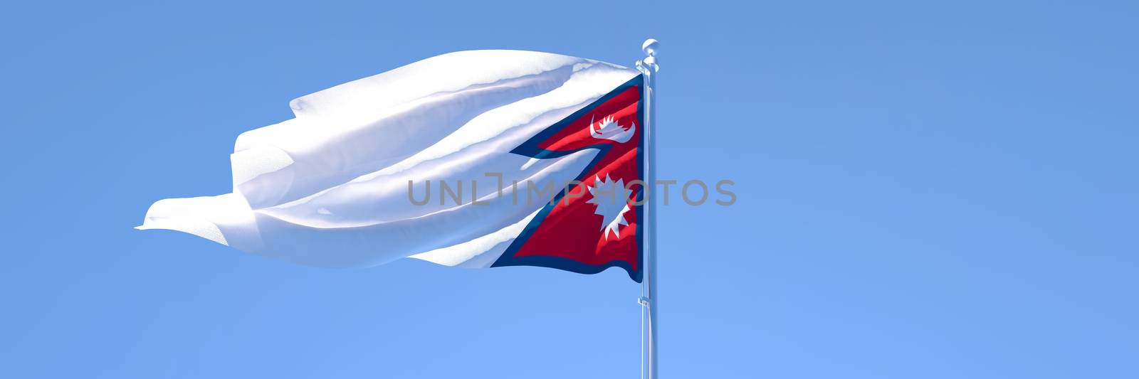 3D rendering of the national flag of Nepal waving in the wind against a blue sky