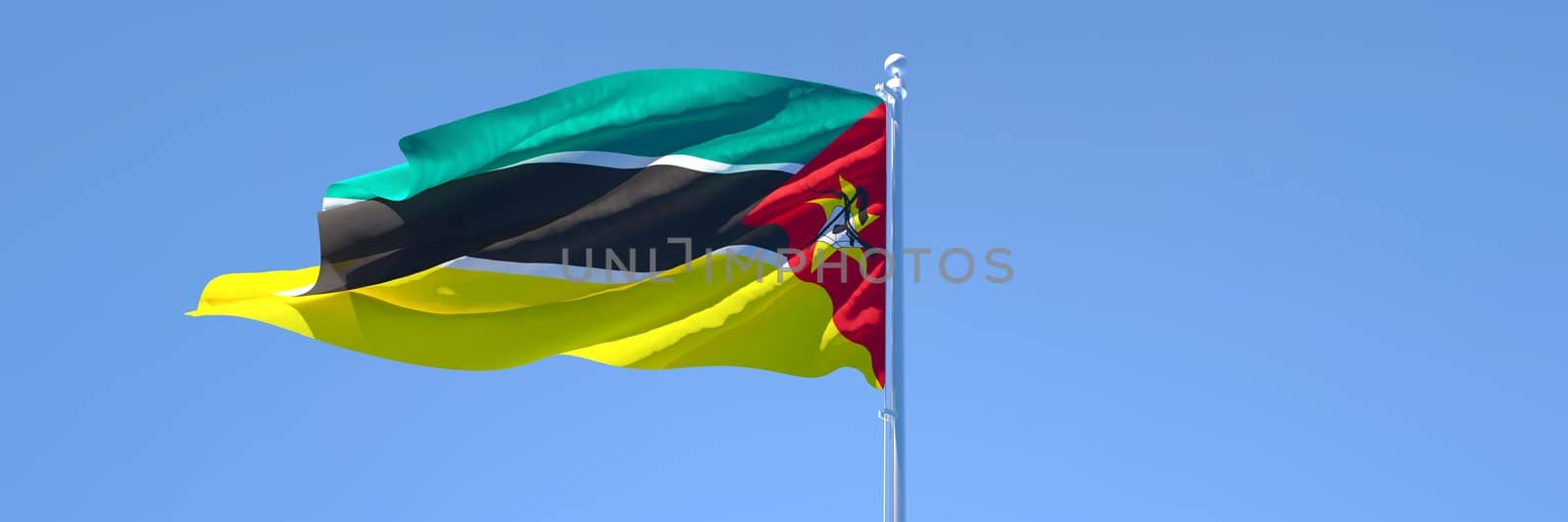 3D rendering of the national flag of Mozambique waving in the wind against a blue sky