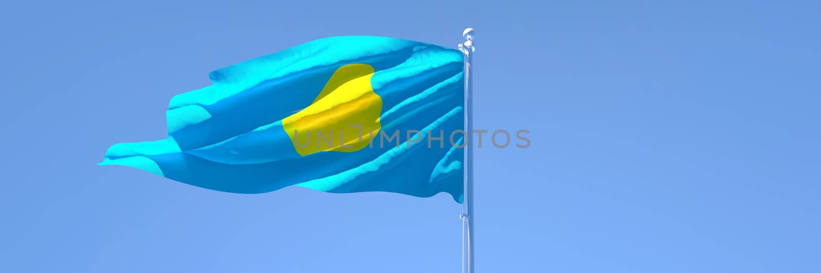 3D rendering of the national flag of Palau waving in the wind against a blue sky