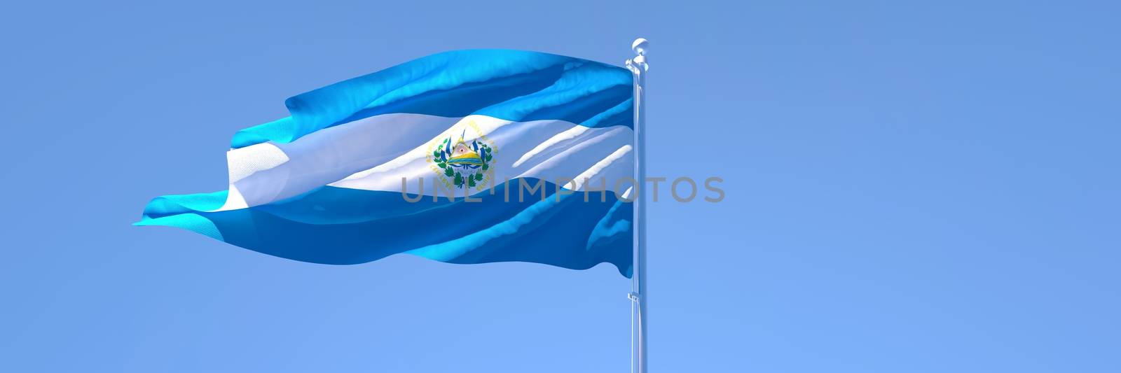 3D rendering of the national flag of Salvador waving in the wind against a blue sky