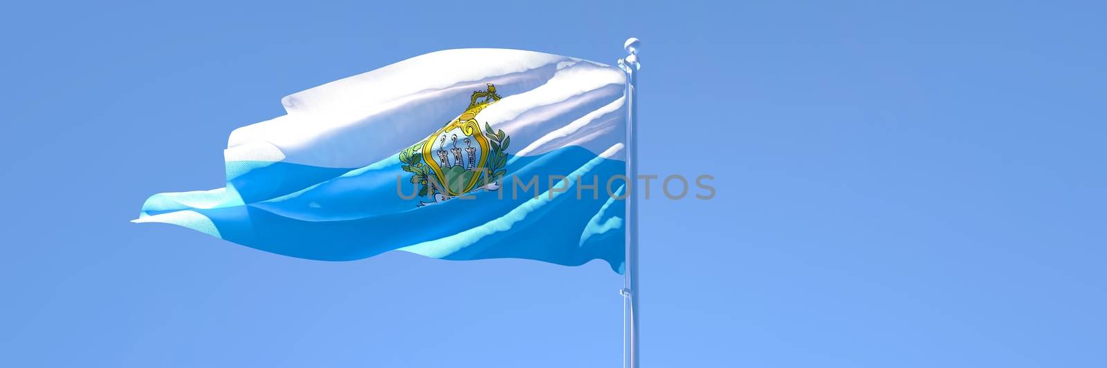 3D rendering of the national flag of San Marino waving in the wind against a blue sky