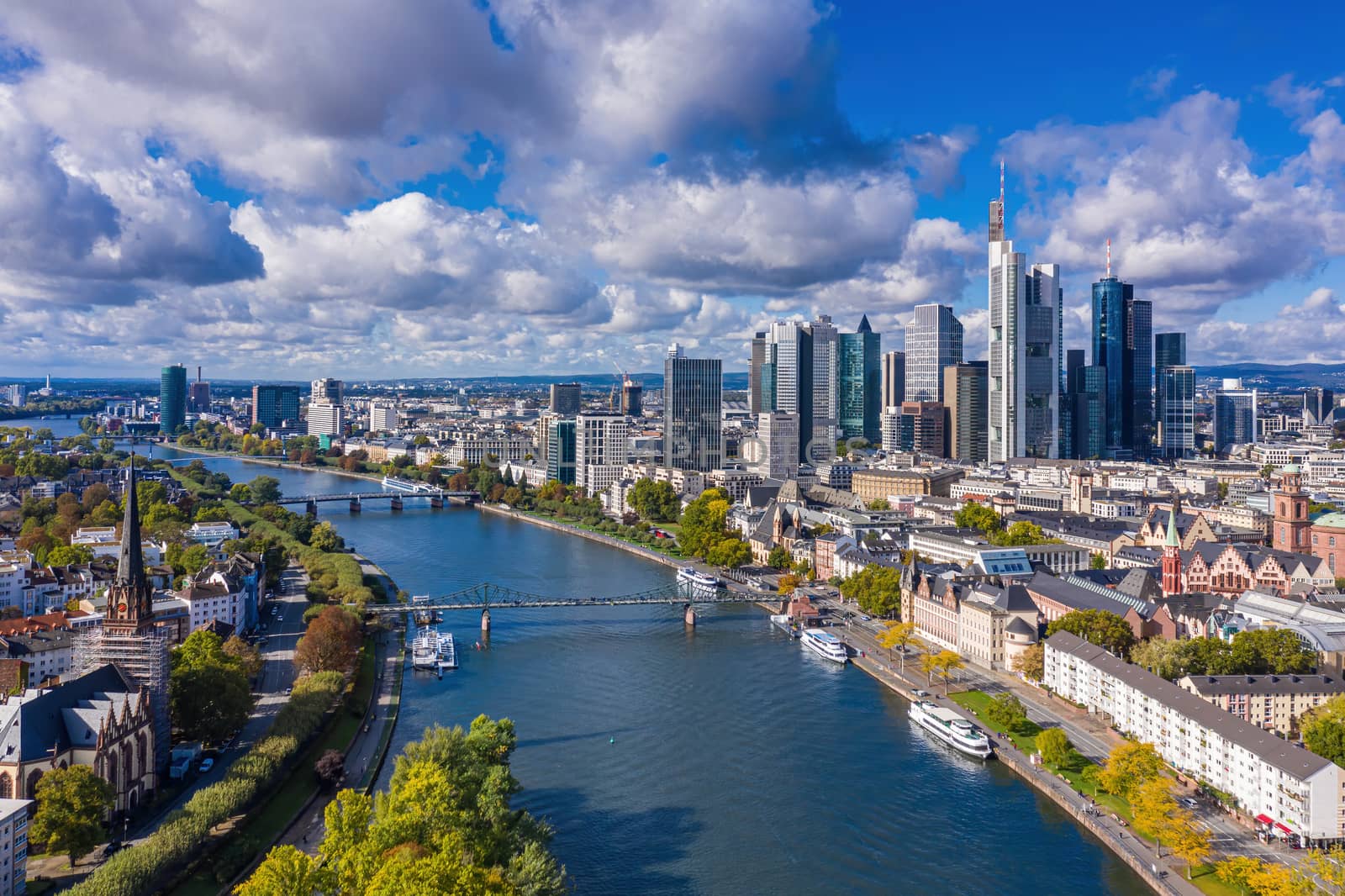 Frankfurt am Main, modern German city on a sunny day with beautiful clouds in the sky