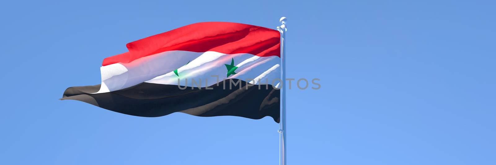 3D rendering of the national flag of Syria waving in the wind against a blue sky