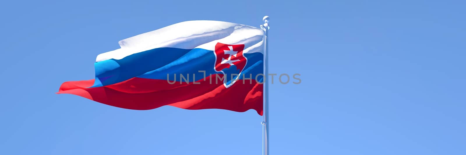 3D rendering of the national flag of Slovakia waving in the wind against a blue sky