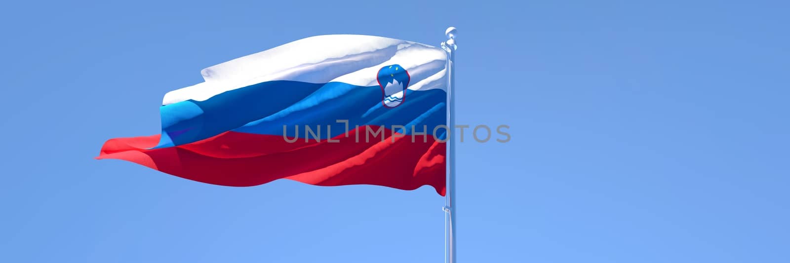 3D rendering of the national flag of Slovenia waving in the wind against a blue sky