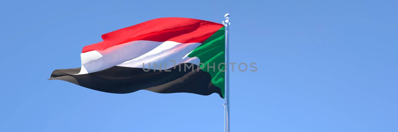 3D rendering of the national flag of Sudan waving in the wind against a blue sky