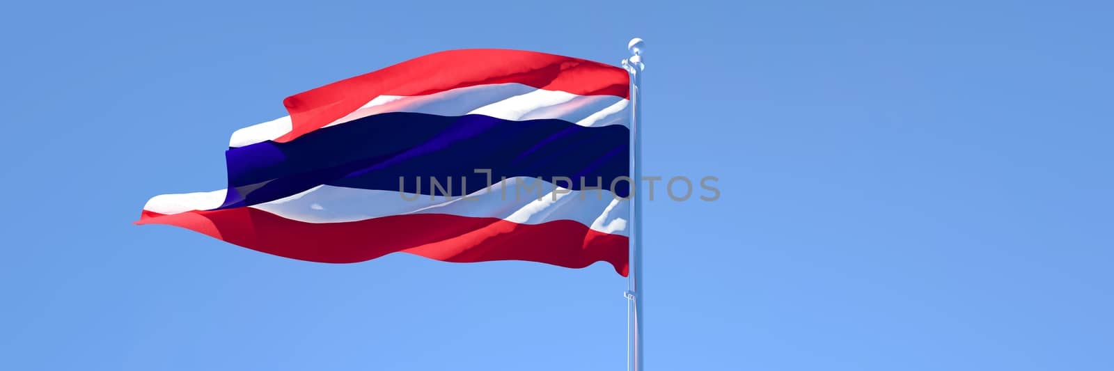3D rendering of the national flag of Thailand waving in the wind against a blue sky