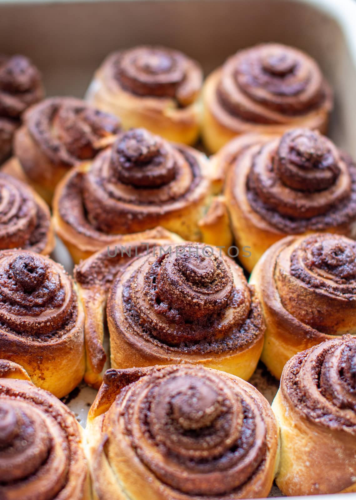 Delicious round cinnamon rolls on a baking sheet after the oven. I cook buns at home in the oven.