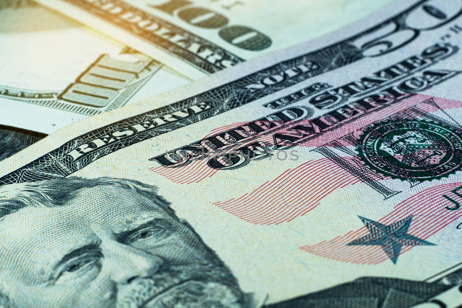 Close up photo of money. Heap of dollar bills. U.S. dollars. Banknotes.