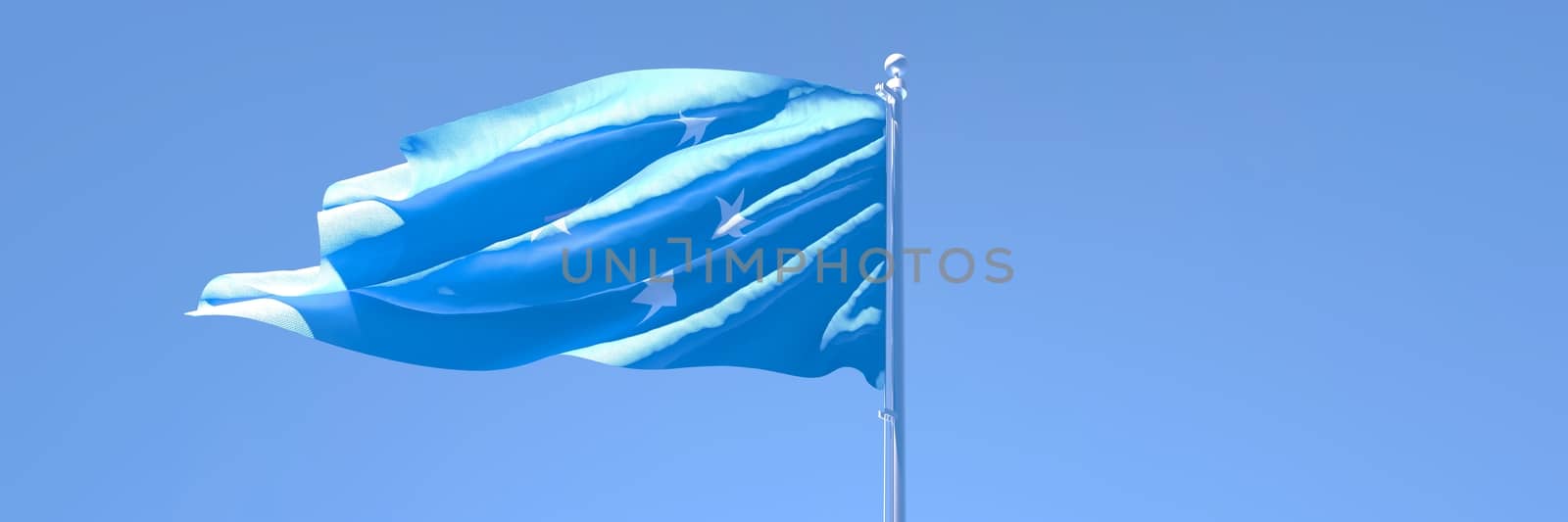 3D rendering of the national flag of Micronesia waving in the wind against a blue sky