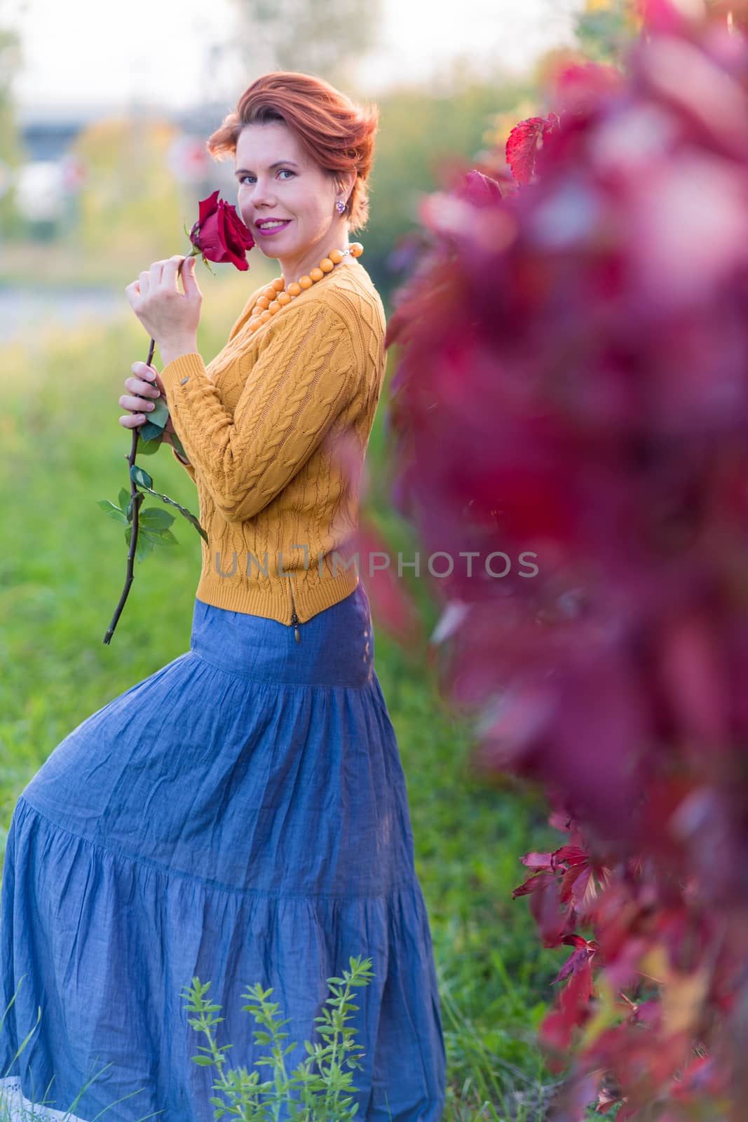 Portrait of beautiful woman holding rose near bush of red wild vine leaves by galinasharapova