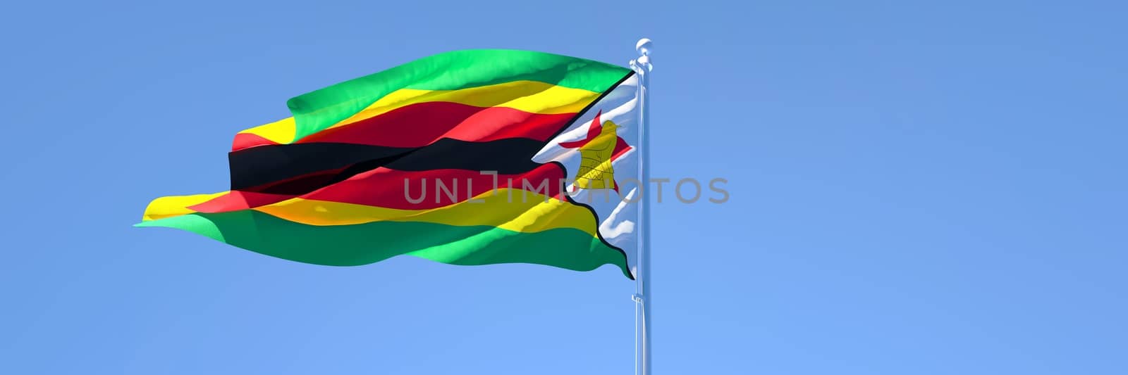 3D rendering of the national flag of Zimbabwe waving in the wind against a blue sky