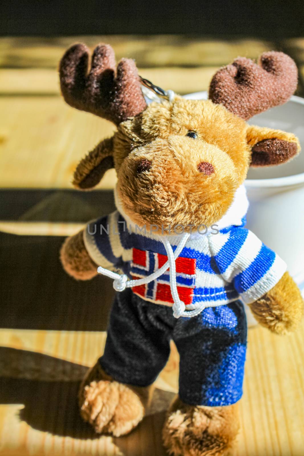 Cute moose soft toy with Norway flag and blue shirt in Hemsedal interior.