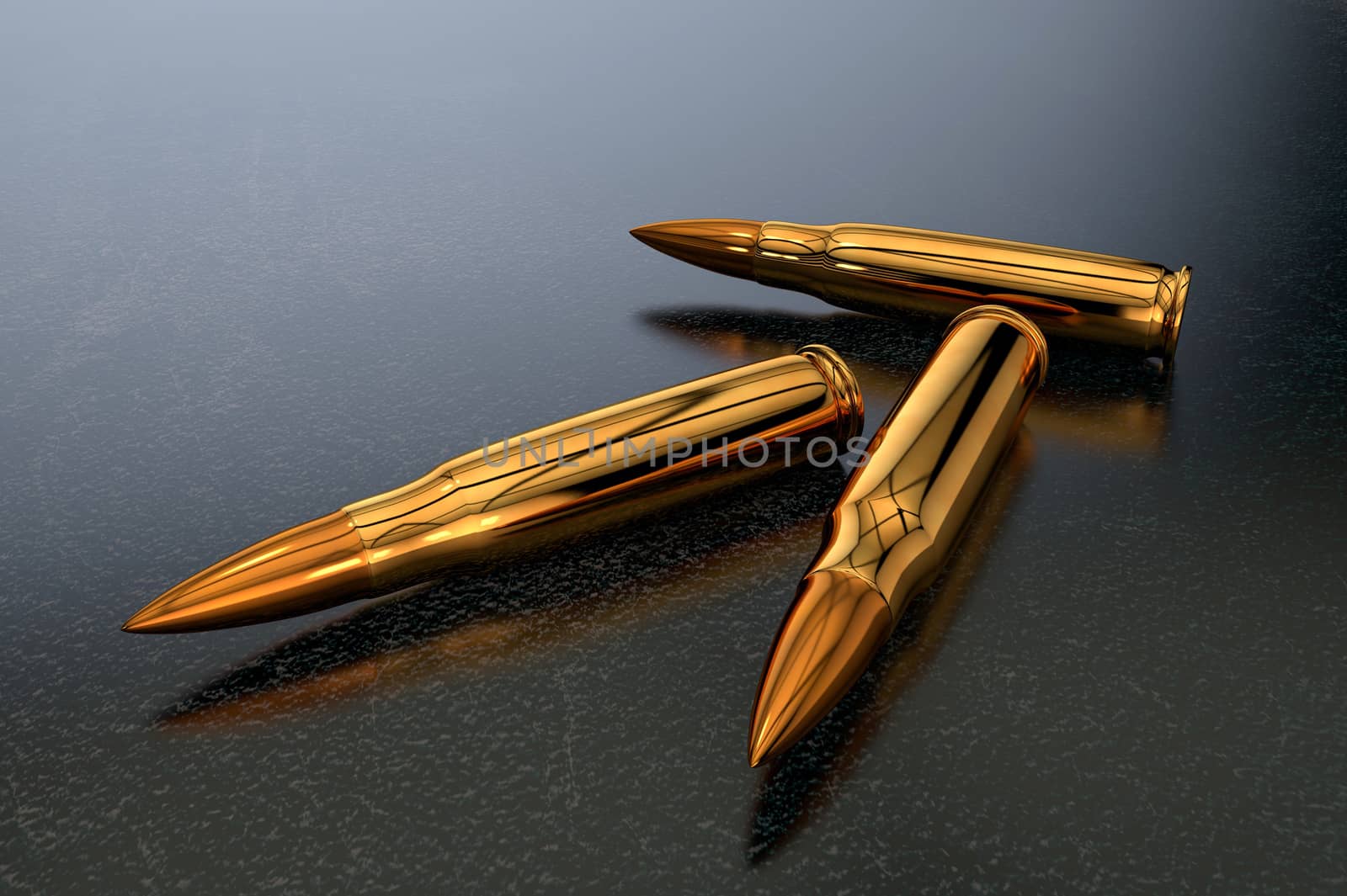 3D illustration of three large-caliber cartridges lying on a dark and glossy surface