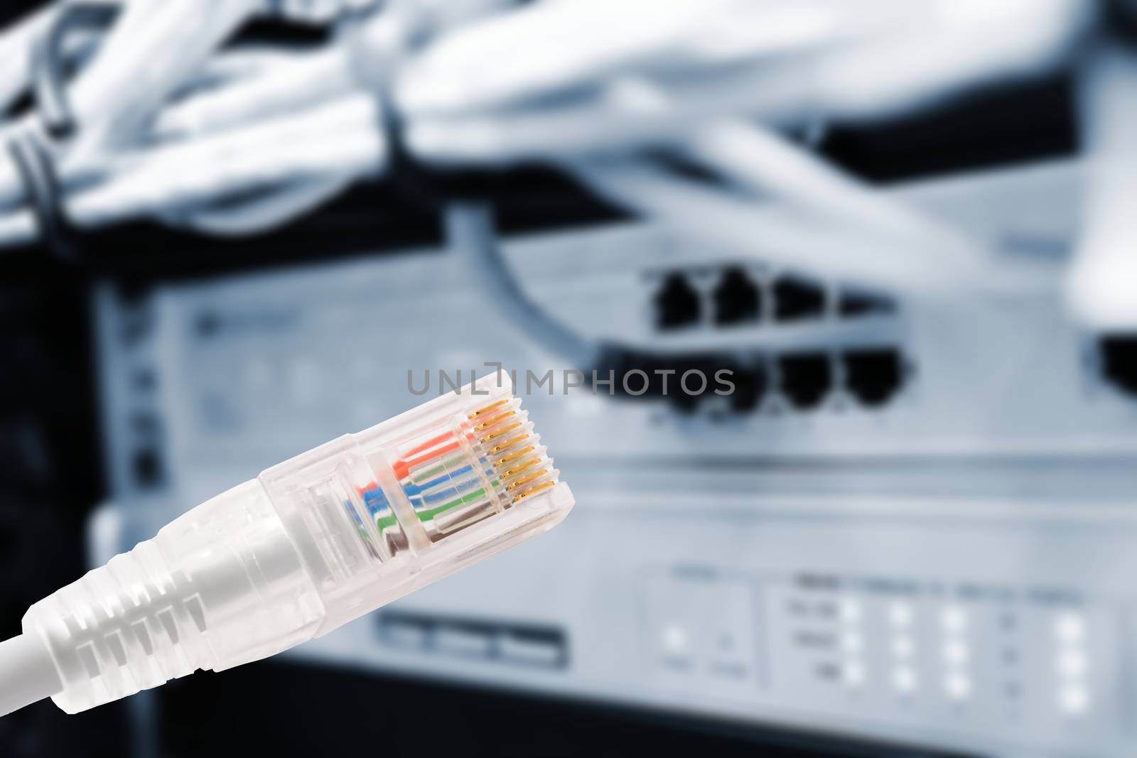 Conceptual shot of data connection with rj45 patch cable in foreground and data switch with connected patch cords in background.