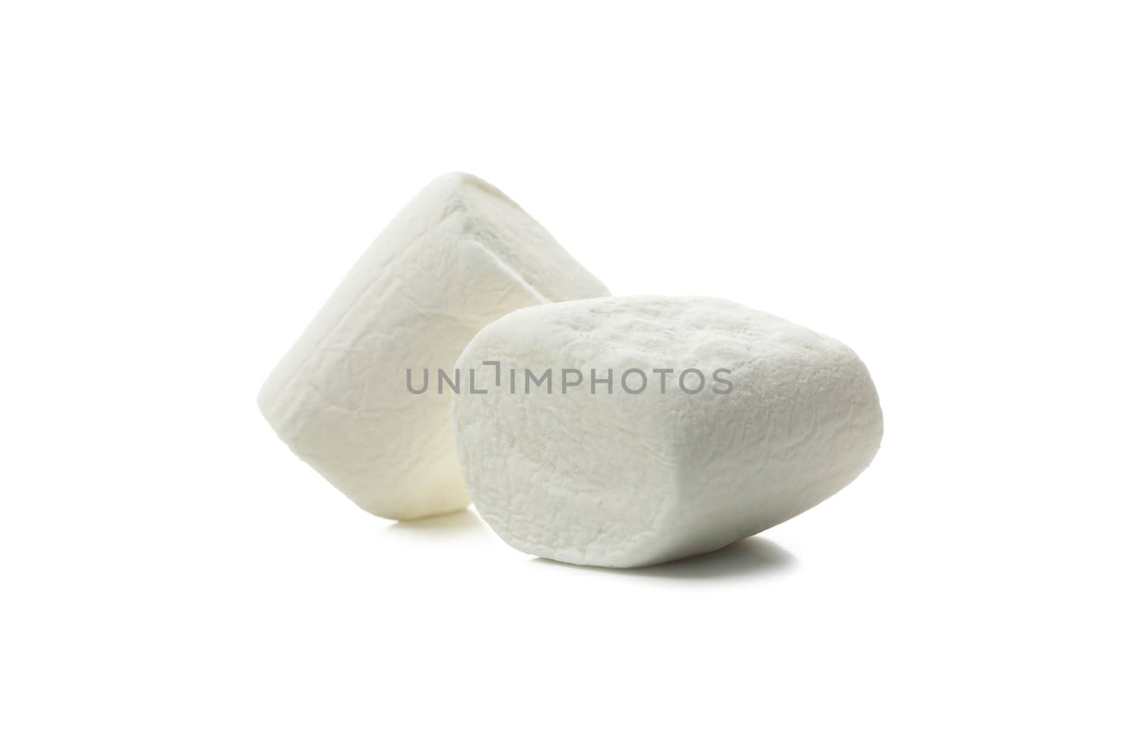 Two marshmallows isolated on white background, close up by AtlasCompany