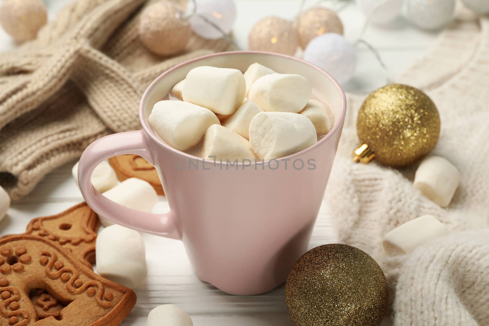 Winter concept with sweater, coffee with marshmallow and cookies by AtlasCompany