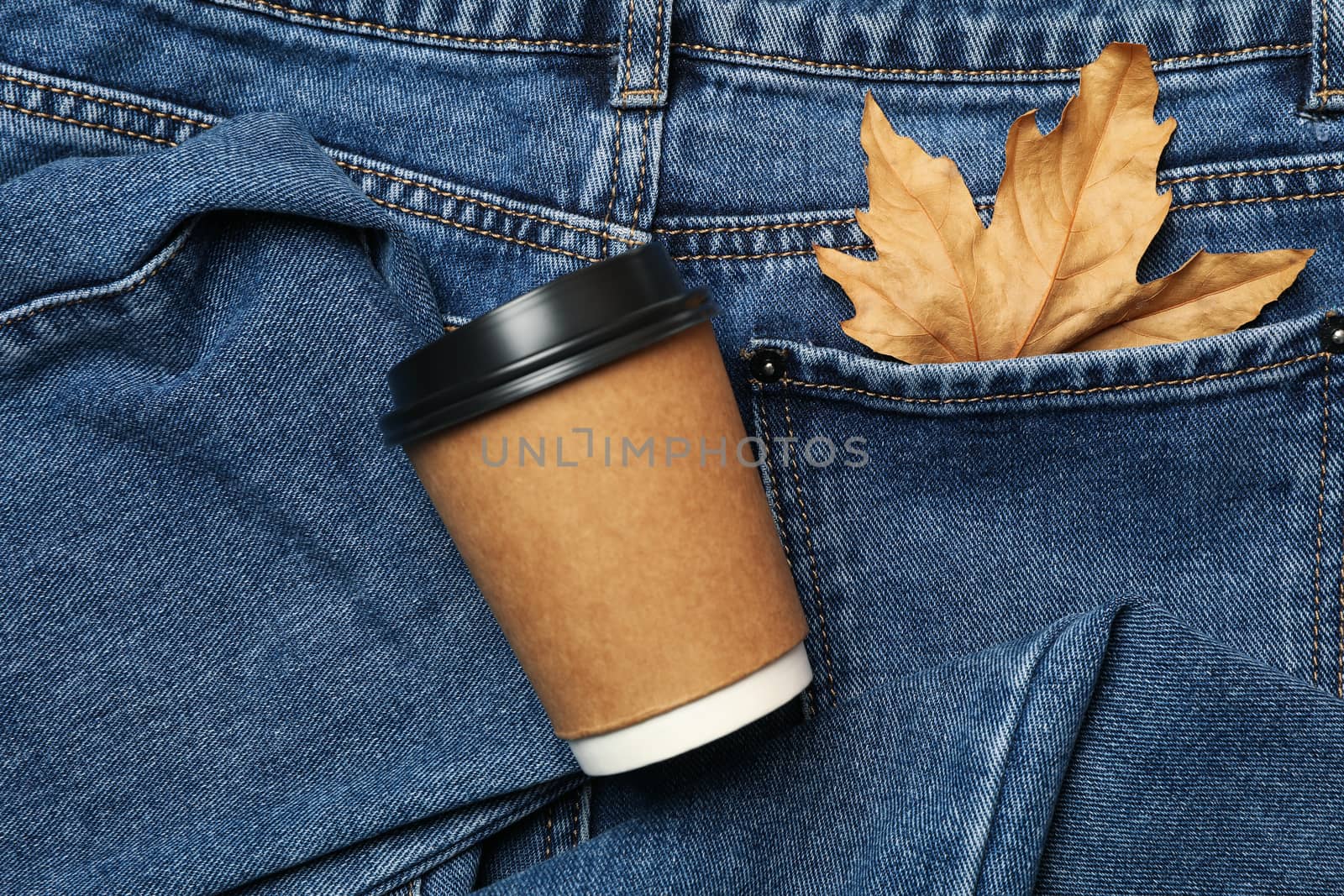 Jeans with leaf in pocket and paper cup, space for text