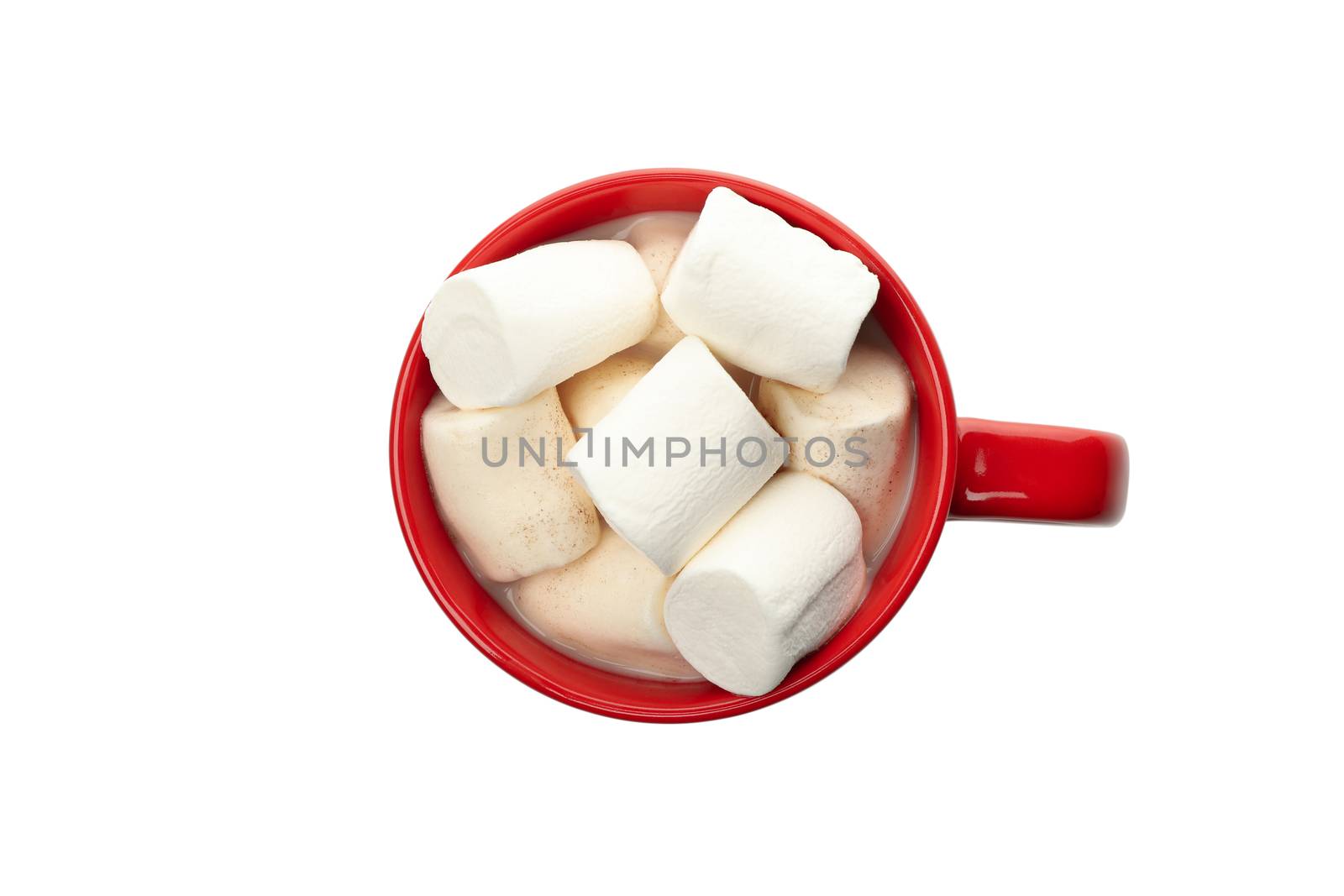 Red cup with marshmallows isolated on white background